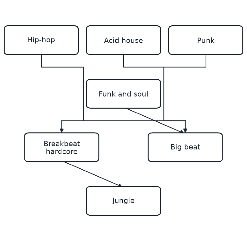 A family tree showing Hip-hop, Breakbeat hardcore, Jungle, Big beat, Acid house, Punk and Funk and soul, with arrows from each influence to what grew from it.