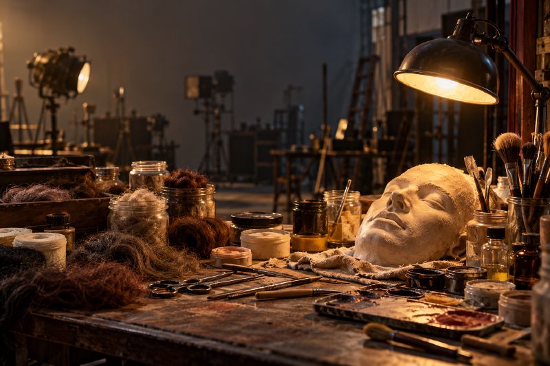 A make-up artist's bench with jars of crepe hair, brushes, and a plaster face cast under a lamp.
