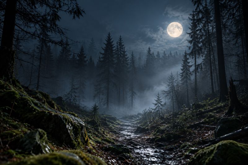 A full moon over a misty pine forest and a wet path leading into shadow.