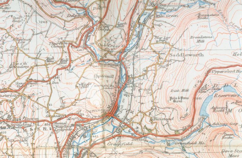Coloured Ordnance Survey map of the Saddleworth valley, showing Delph, Diggle, Dobcross, Uppermill, Greenfield, and Lydgate along the river, canal, and railway, with moorland and reservoirs to the east.