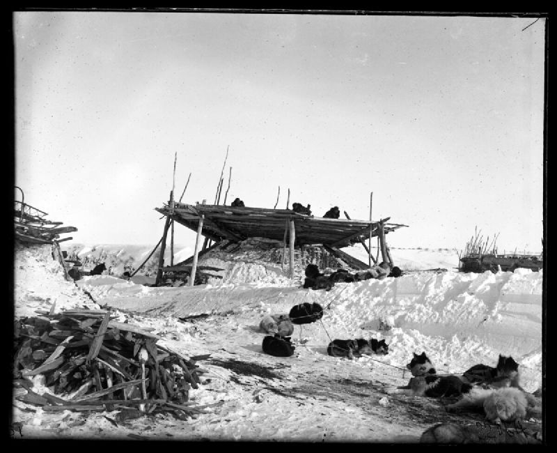 A Koryak house in winter, with dogs outside, in north-eastern Siberia.