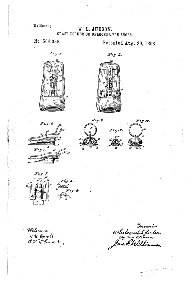 A patent drawing of a high boot seen from two sides, with a fastener running up its front, and small drawings of the clasp and its pull ring.