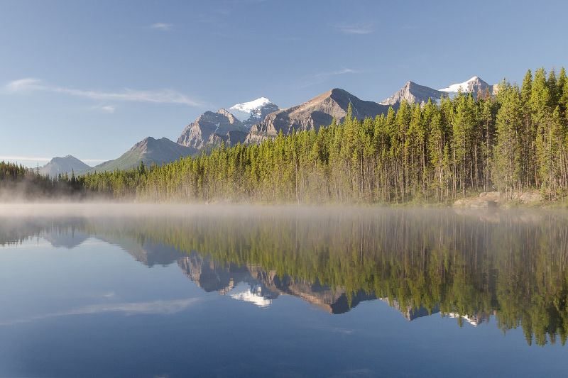 Mist hangs over a still lake with a pine forest along the far shore and mountains behind.
