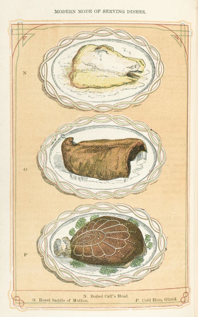 A coloured plate from Mrs Beeton's Book of Household Management titled Modern mode of serving dishes, showing a boiled calf's head, a roast saddle of mutton and a glazed cold ham.