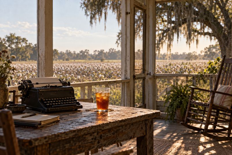 An old typewriter and a glass of iced tea on a porch table facing a cotton field.