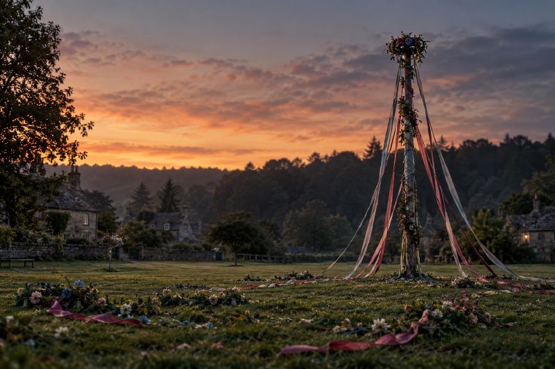 A ribboned maypole on an empty village green at dusk, garlands left on the grass.