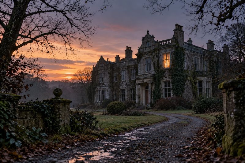 An ivy-covered country mansion at twilight with one upstairs window lit.