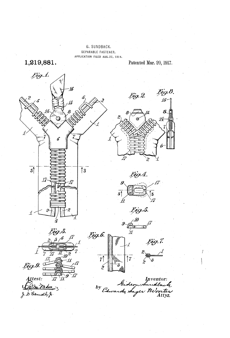 A patent drawing of a separable fastener with interlocking teeth on two tapes.