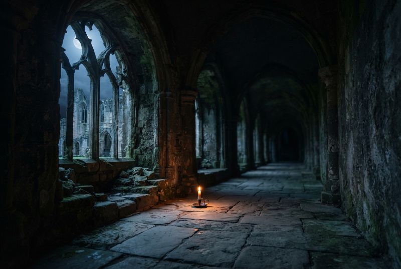 A candle burns on the flagstones of a ruined abbey cloister by moonlight.